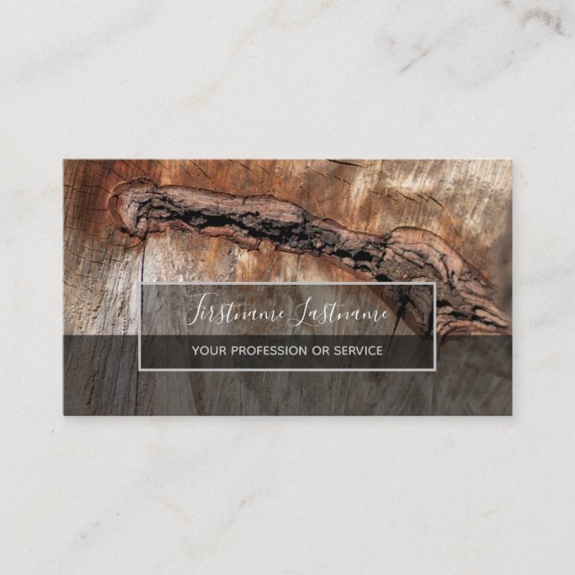 Rustic tree disc surface grey rectangle stripes business card (Front)