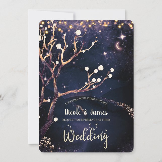 Rustic Tree Evening Lights Purple Wedding Invitation (Front)