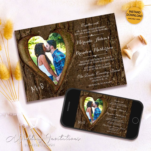 Rustic Tree Heart Country Wedding Photo Invitation (Creator Uploaded)