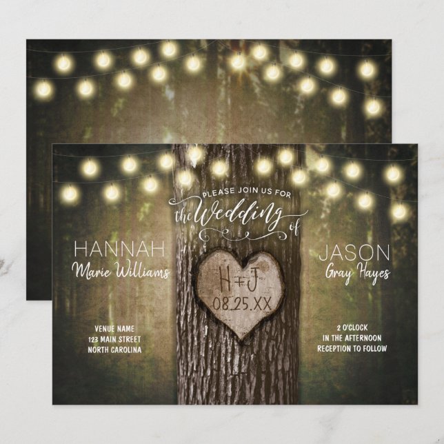 Rustic Tree Heart Lights Wedding Invitation (Front/Back)