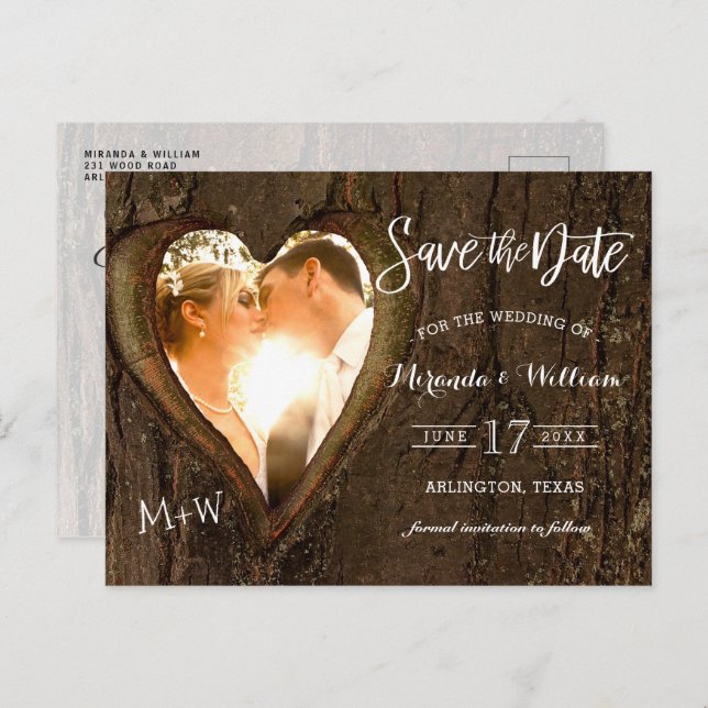 Rustic Tree Heart Photo Save the Date Wedding Post Postcard (Front/Back)
