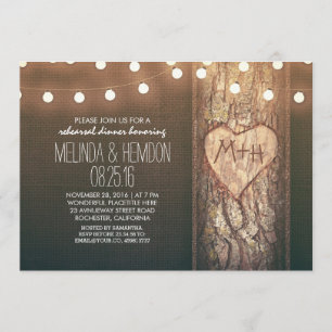 rustic tree heart & string lights rehearsal dinner invitation