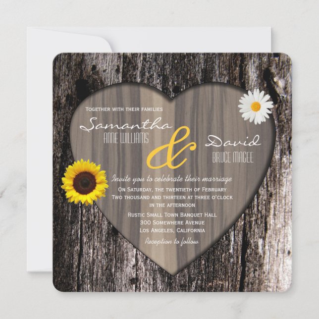 Rustic Tree Heart Sunflower and Daisy Wedding Invitation (Front)