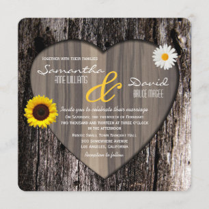Rustic Tree Heart Sunflower and Daisy Wedding Invitation
