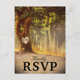 Rustic Tree Lake Wedding RSVP Invitation Postcard