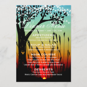 Rustic Tree Lights Sunset Wedding Dinner Menu Invitation