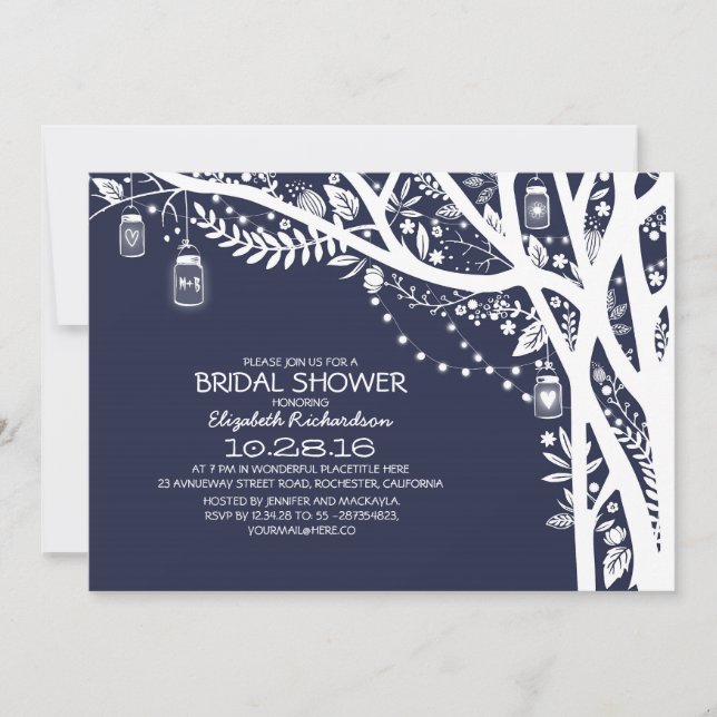 Rustic Tree Mason Jar Lights Navy Bridal Shower Invitation (Front)
