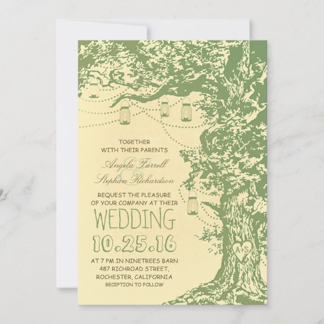 Rustic tree & mason jars wedding invitations (Front)