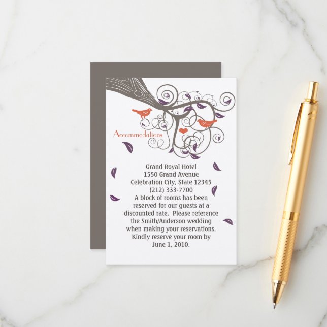 Rustic Tree Purple Leaf Swirl Accommodations Enclosure Card (Front/Back In Situ)