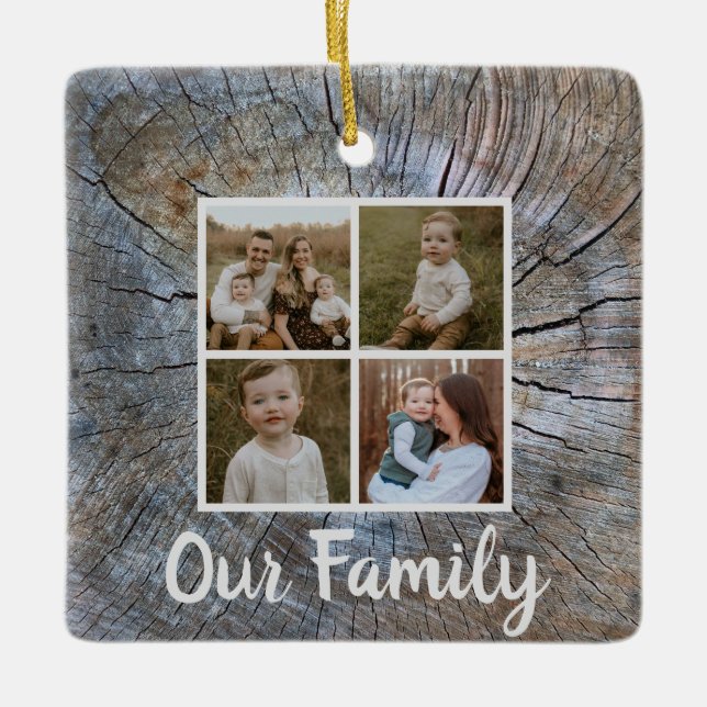 Rustic tree-ring distressed wood grain rustic tree ceramic ornament (Front)