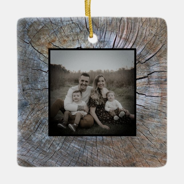 Rustic tree-ring distressed wood grain rustic tree ceramic ornament (Front)