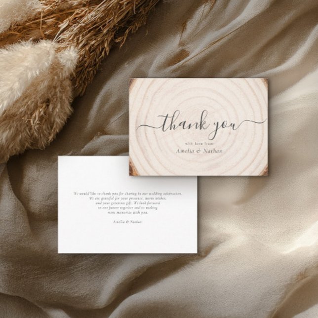 Rustic Tree Ring Wood Script Calligraphy Wedding Thank You Card (Creator Uploaded)
