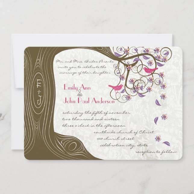 Rustic Tree Romantic Pink Birds & Blooms Wedding Invitation (Front)