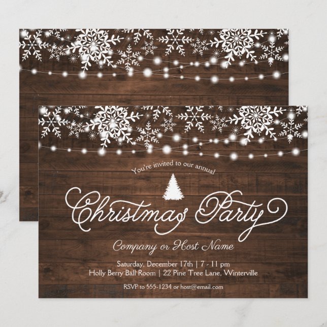 Rustic Tree Snowflakes Lights Christmas Party Invitation (Front/Back)