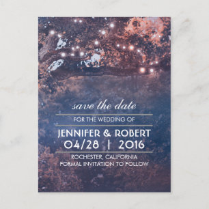Rustic Tree String Lights Blue Save the Date Announcement Postcard