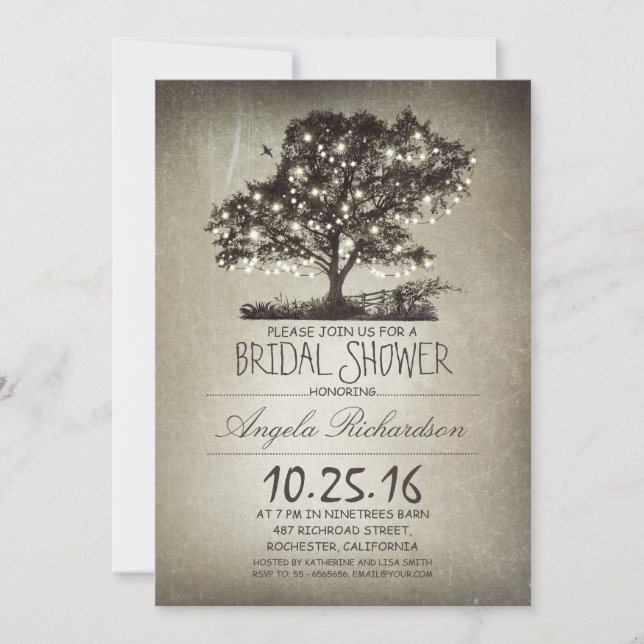 Rustic tree & string lights bridal shower invitation (Front)