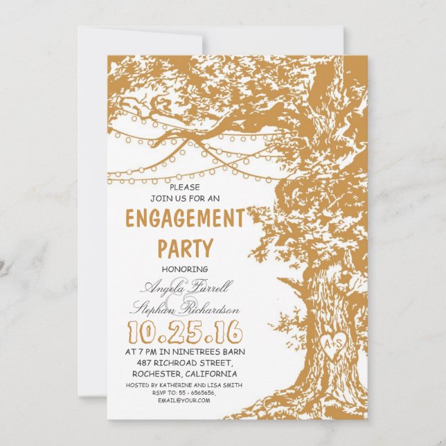 Rustic tree & string lights engagement party invitation (Front)