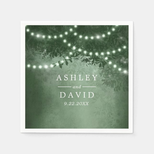 Rustic Tree String Lights Green Wedding Napkin (Front)