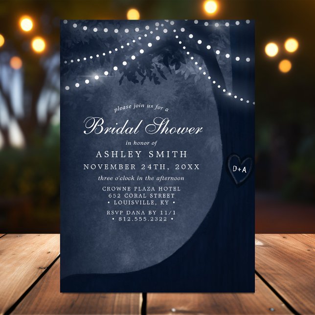 Rustic Tree String Lights Navy Blue Bridal Shower Invitation (Creator Uploaded)
