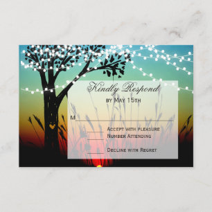 Rustic Tree String Lights Sunset Wedding RSVP Card
