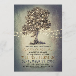 Rustic tree & string lights wedding invitations
