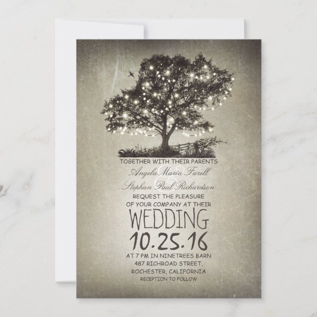 Rustic tree & string lights wedding invitations (Front)