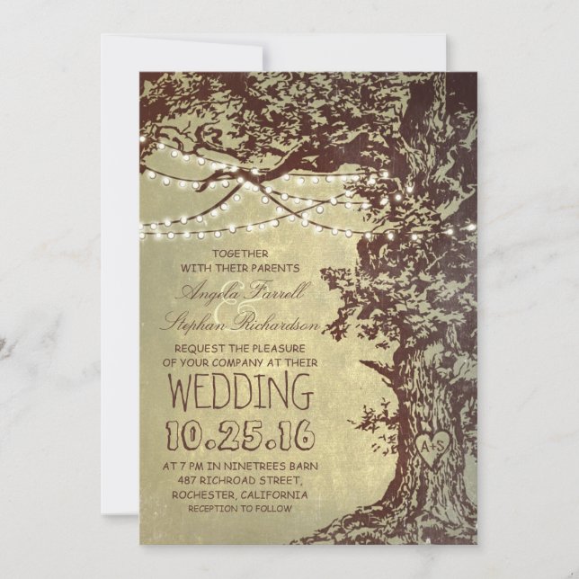 Rustic tree & string lights wedding invitations (Front)