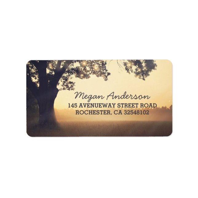 Rustic Tree String Lights Wedding Label (Front)