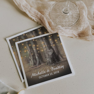 Rustic Tree & String Lights Wedding Napkin