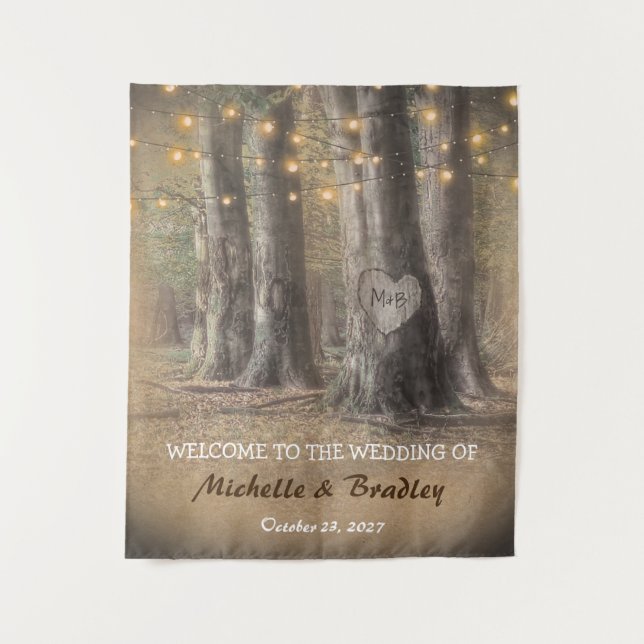 Rustic Tree & String Lights Wedding Tapestry (Front)