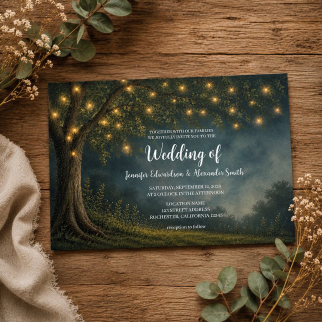 Rustic tree string of lights night country wedding invitation (Rustic tree string of lights night country wedding invitation. For your rustic country wedding.)