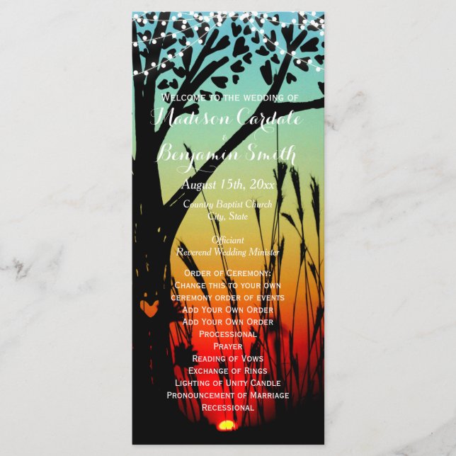 Rustic Tree Sunset Lights Wedding Program Template (Front)