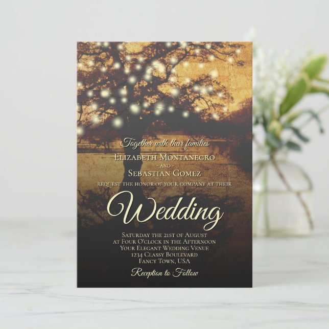 Rustic Tree with Strings of Lights Elegant Wedding Invitation (Standing Front)