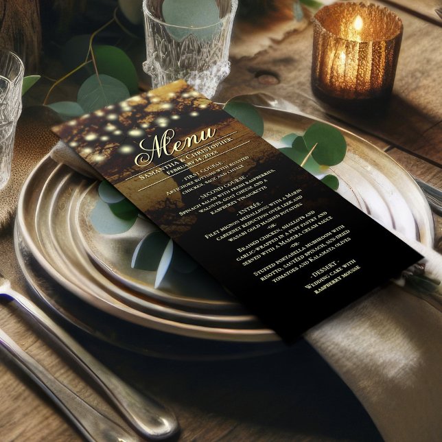 Rustic Tree with Strings of Lights Wedding Menu (On Plate)