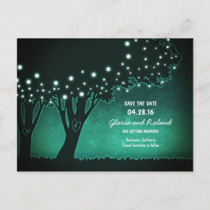 rustic trees carved hearts save the date announcement postcard