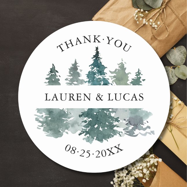 Rustic Trees Forest Woodland Thank You Wedding Classic Round Sticker (Rustic Trees Forest Woodland Mountain Thank You Wedding Classic Round Sticker)
