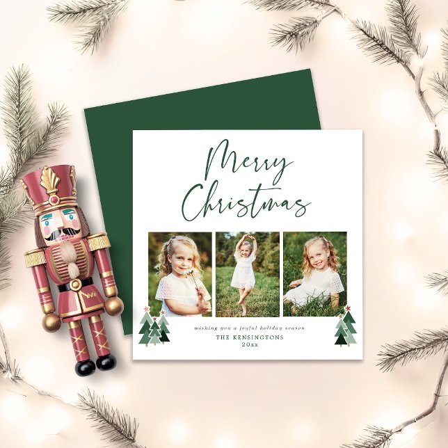 Rustic Trees Modern Christmas Holiday 3 Photo (Rustic Trees Modern Christmas Holiday 3 Photo Square Card)