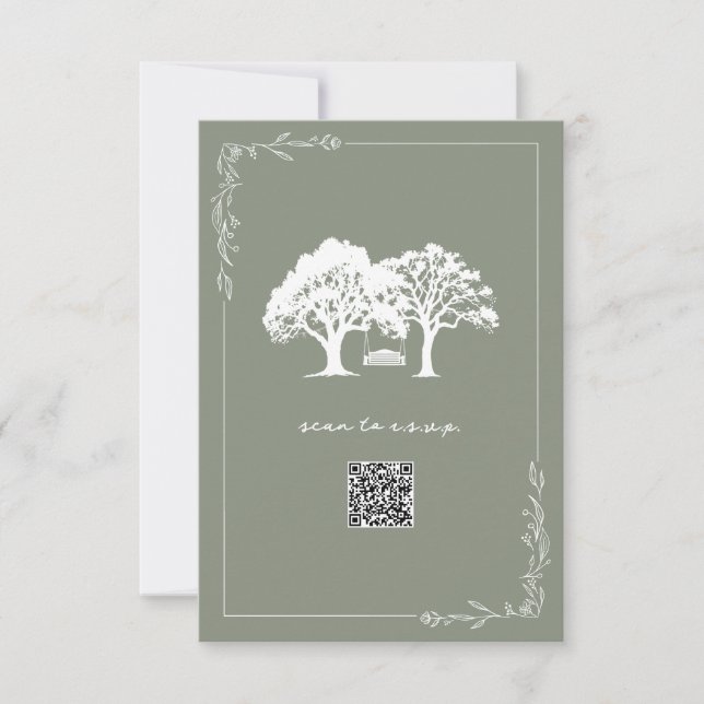 Rustic Trees Sage Green QR Code Wedding RSVP Card (Front)