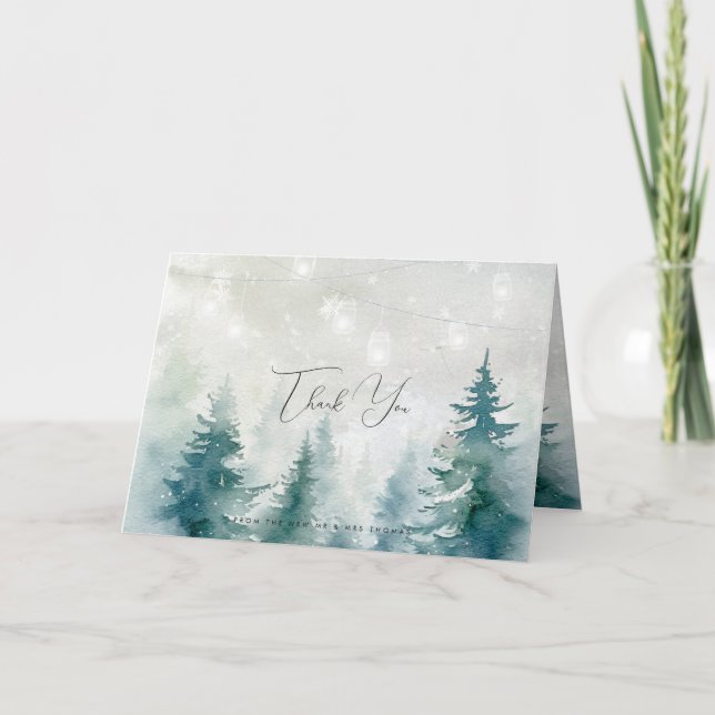 rustic trees winter forest wedding thank you card (Front)