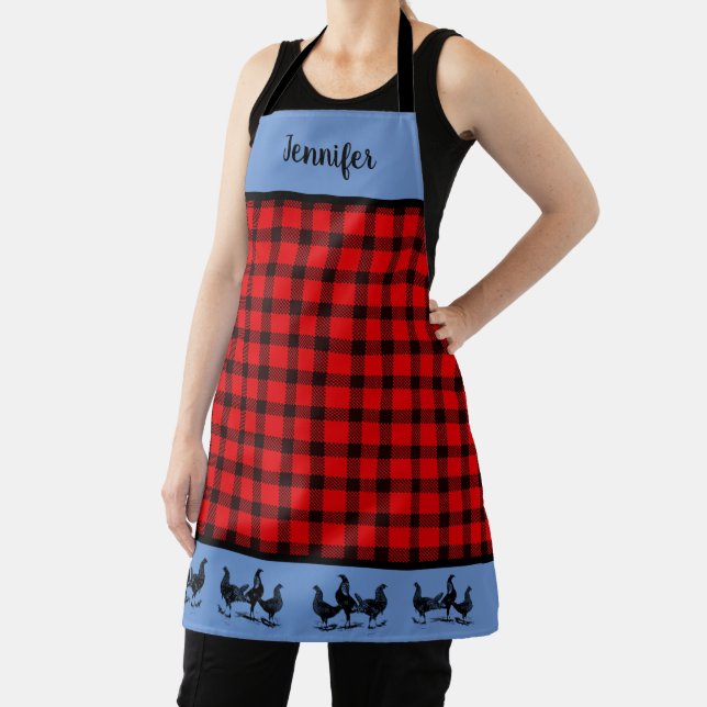 Rustic trendy chickens buffalo plaid monogram name apron (Insitu)