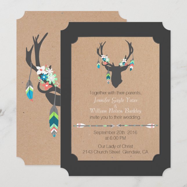 Rustic Tribal Deer Head Wedding Invitation (Front/Back)