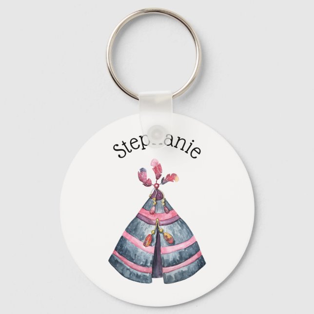 Rustic Tribal Watercolor Wigwam Custom Name Key Ring (Front)