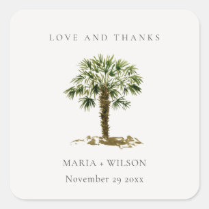 Rustic Tropical Beach Palm Tree Wedding Thanks Square Sticker