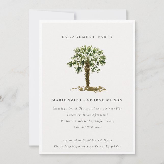 Rustic Tropical Beach Palm Trees Engagement Invite (Front)