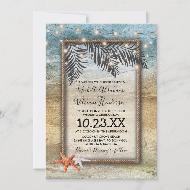 Rustic Tropical Beach Starfish Lights Wedding Invitation (Front)