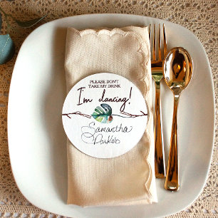 Rustic Tropical Brown, Green Place Card Name Tag Round Paper Coaster