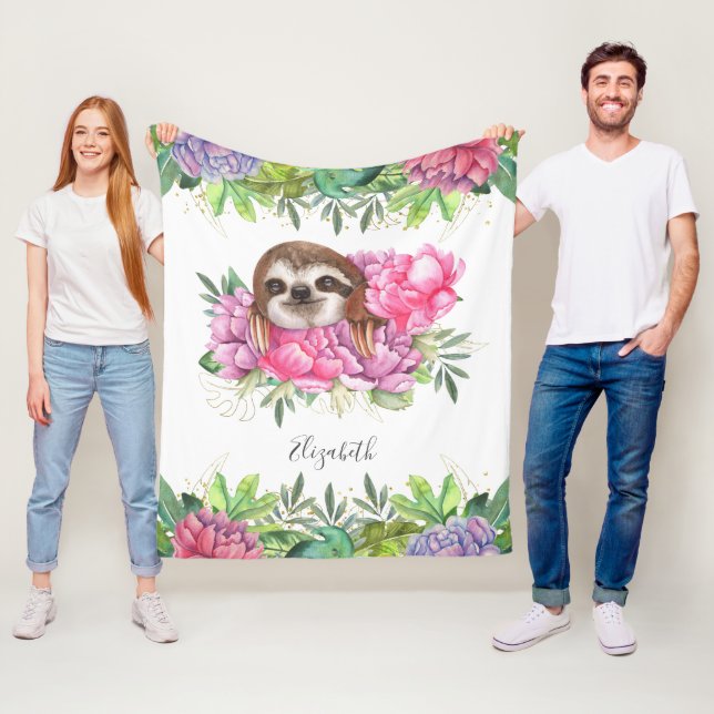 Rustic Tropical Cute Floral Adorable Sloth Fleece Blanket (In Situ)