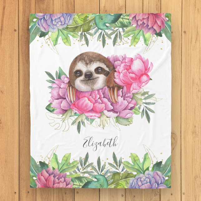 Rustic Tropical Cute Floral Adorable Sloth Fleece Blanket (Creator Uploaded)