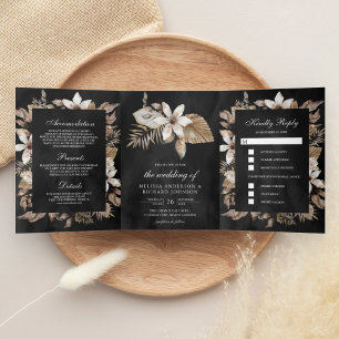 Rustic Tropical Dried Palm Leaves Black Wedding Tri-Fold Invitation
