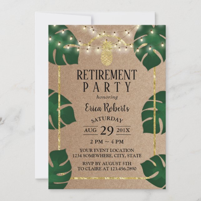 Rustic Tropical Gold Pineapple Luau Retirement Invitation (Front)